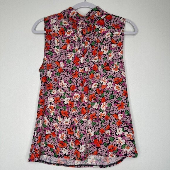 Ann Taylor Floral High Neck Blouse Size XS Sleeveless Career Boho Tie - Picture 1 of 11